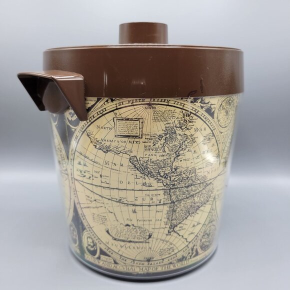 Vintage Thermo-Serv West Bend USA Brown Lid Ice Bucket With World Map Design - Picture 12 of 15